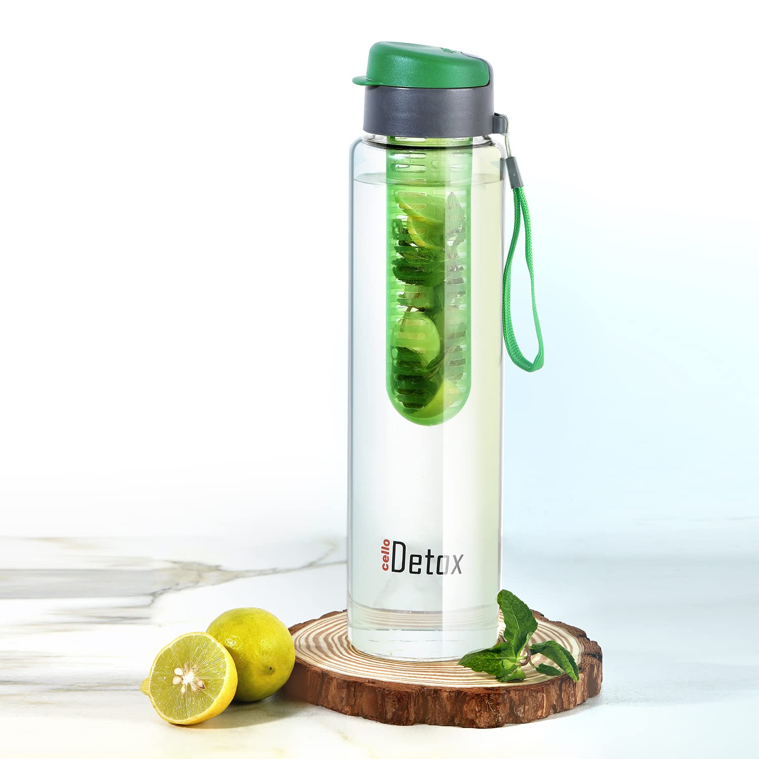 Cello Detox Fruit & Tea Infuser Glass Water Bottle| Wide Cap Sealed With Flip Top - 750 ml