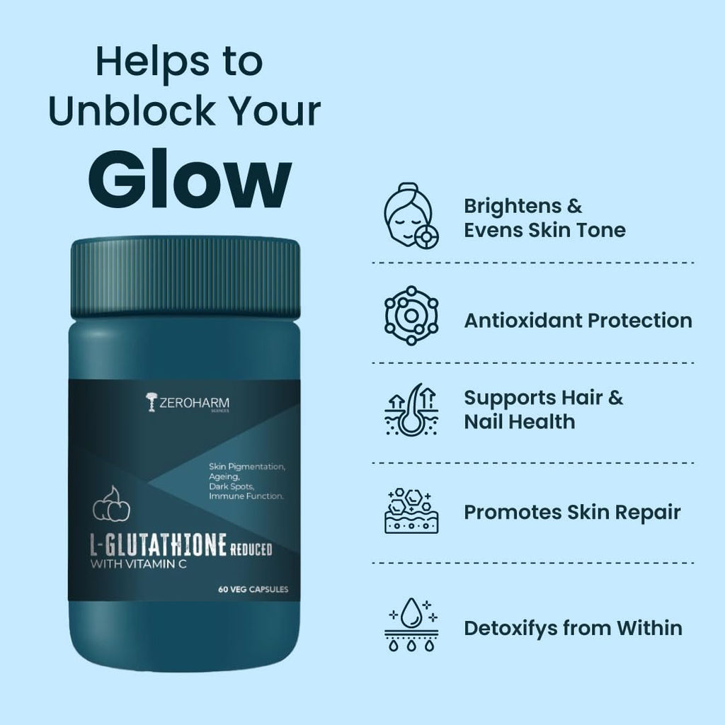 ZEROHARM L-Glutathione Reduced with Vitamin C, E & Biotin | Glutathione Capsules for Skin Whitening | Skin Glow, Pigmentation & Collagen Support for Men and Women | 1000mg per Serving | 60 Capsules