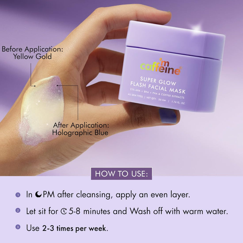 mCaffeine Super Glow Flash Facial 25% AHA+BHA+PHA Face Mask | 5 Mins Glow Face Pack | Instant Brightening & Hydrate Winter Skin | Unclogs Pores, Removes Blackhead & Dead Skin | Tan Removal | Color Changing Mask for Dry Skin- 50gm
