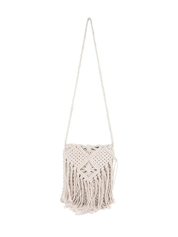 Astrid Handmade Macrame Flap Over Sling Bag For Girls And Women Colour Soothing White Purplish