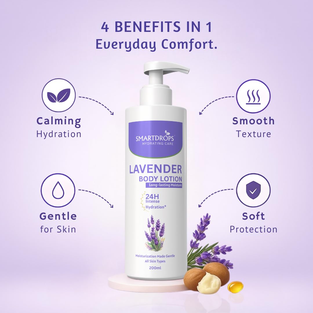 Smartdrops Lavender Body Lotion | Lavender Moisturizing Body Lotion | Shea butter & Lavender 24-Hour Moisture Skin Care | Lightweight & Non-Greasy | Suitable For All Skin Types, 200 ml (Pack of 1)
