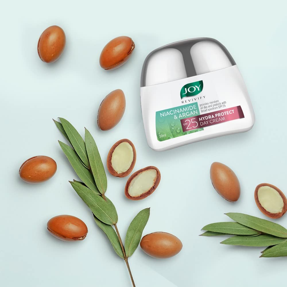 Joy Revivify Niacinamide & Argan Hydra Protect Day Cream SPF 25 |Face Moisturizer | Antioxidants & Multivitamins | UV Protection | Red Raspberry & Grapeseed |Aloe Vera Extracts â€“ 50 ml