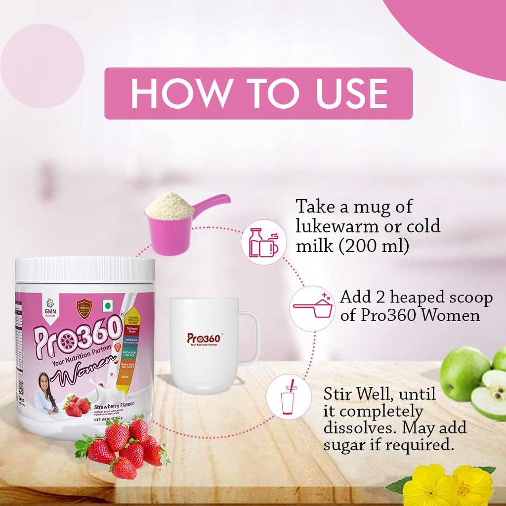 Pro360 Women Protein Rich Nutritional Supplement Enriched with Calcium, Iron for Stronger Bones and Improved Haemoglobin â€“ 25 Essential Nutrients with Evening Primrose â€“ Butterscotch Flavor â€“ 250G