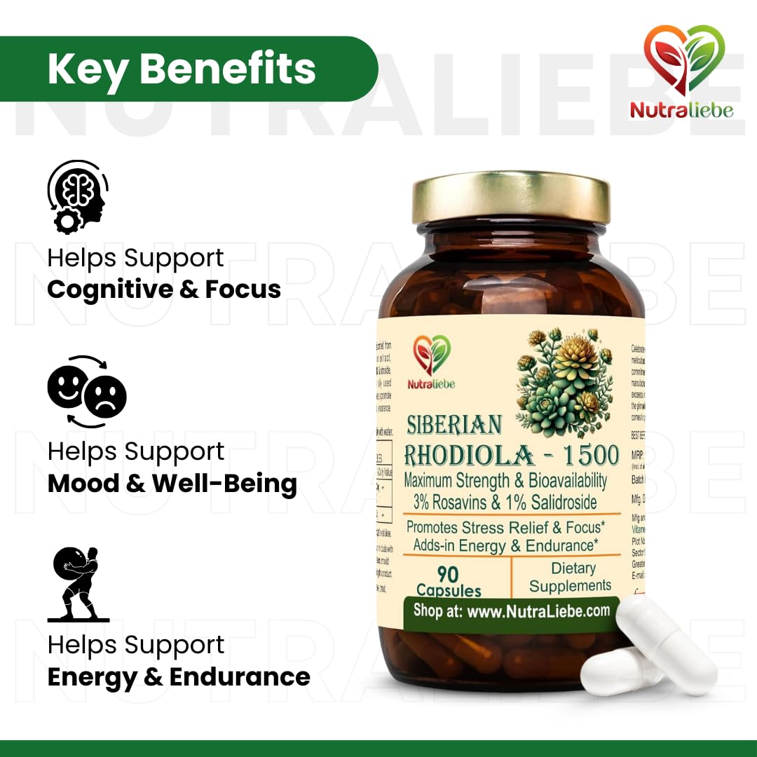 Nutraliebe Rhodiola Rosea 1000 mg â€“ 3% Rosavins & 1% Salidroside â€“ Adaptogenic Stress & Focus Support â€“ Siberian Root Extract â€“ 90 Capsules
