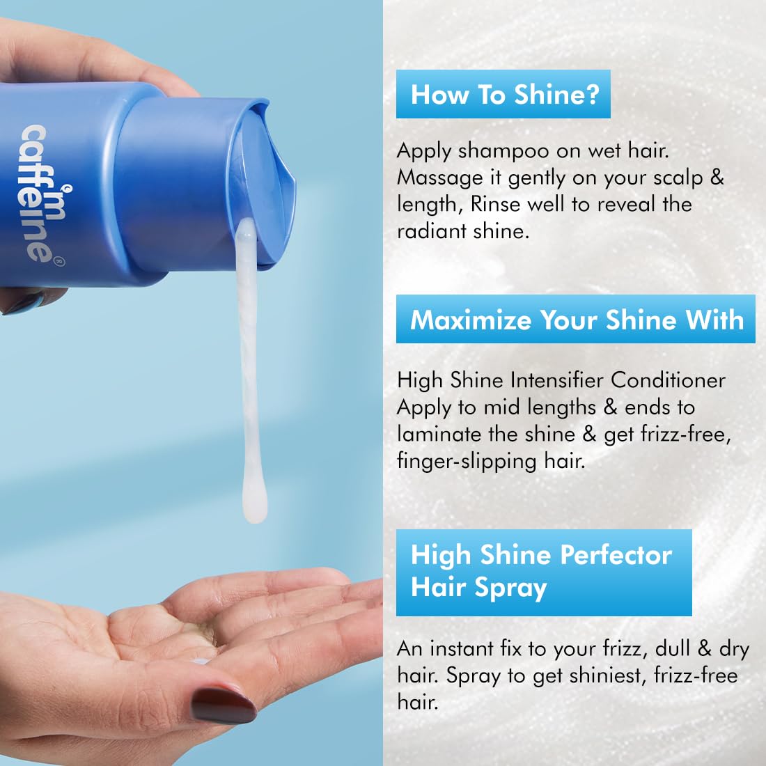 mCaffeine High Shine Glossy Hair Shampoo For Dull, Dry & Frizzy Hair | 3% Shine Complex - With Glycolic Acid & Hyaluronic Acid | 48 Hr Frizz Control | Fresh Floral Fragrance | 250ml