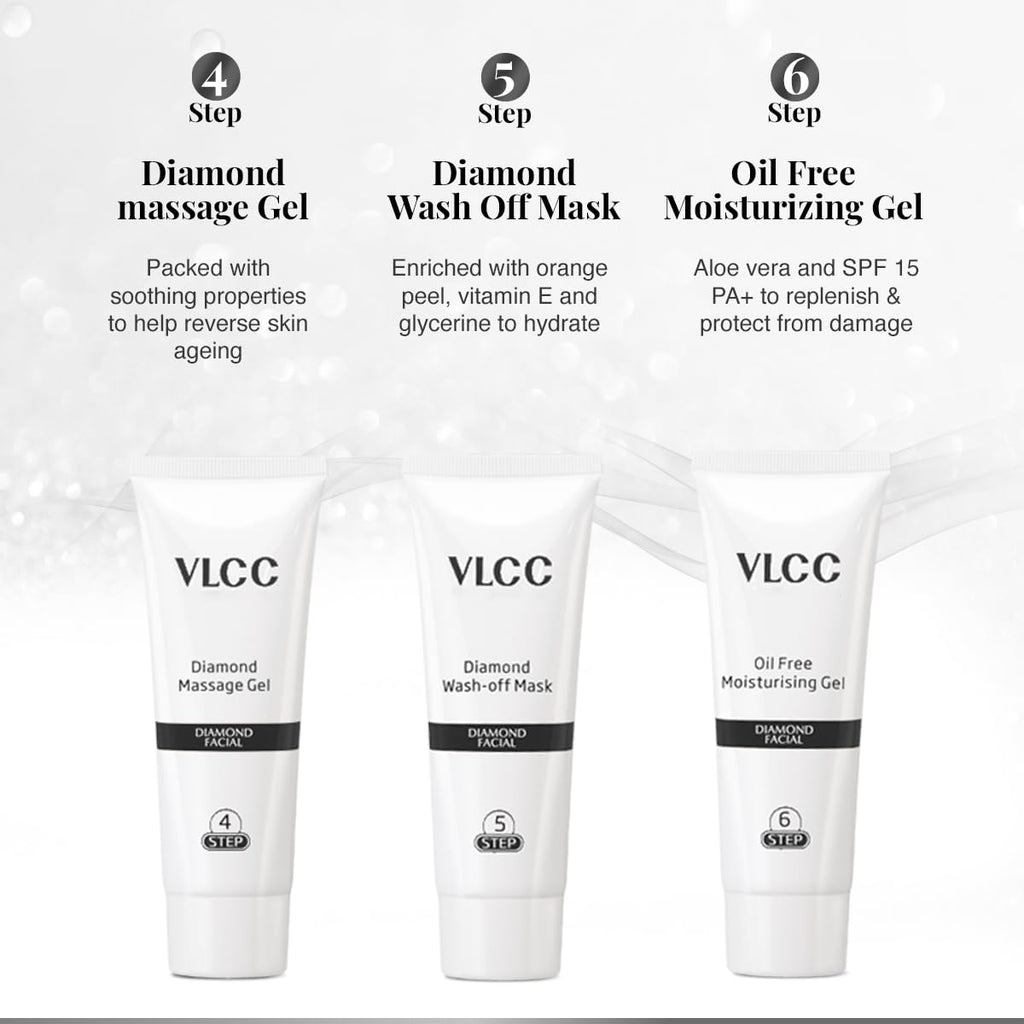 VLCC Diamond Facial Kit - 60g | Skin purifying with Parlour Glow | Improves Elasticity, Brightens and Lightens Patchy Damaged Skin | With Colloidal Diamond, Jojoba Oil, Olive Oil & Aloe Vera.