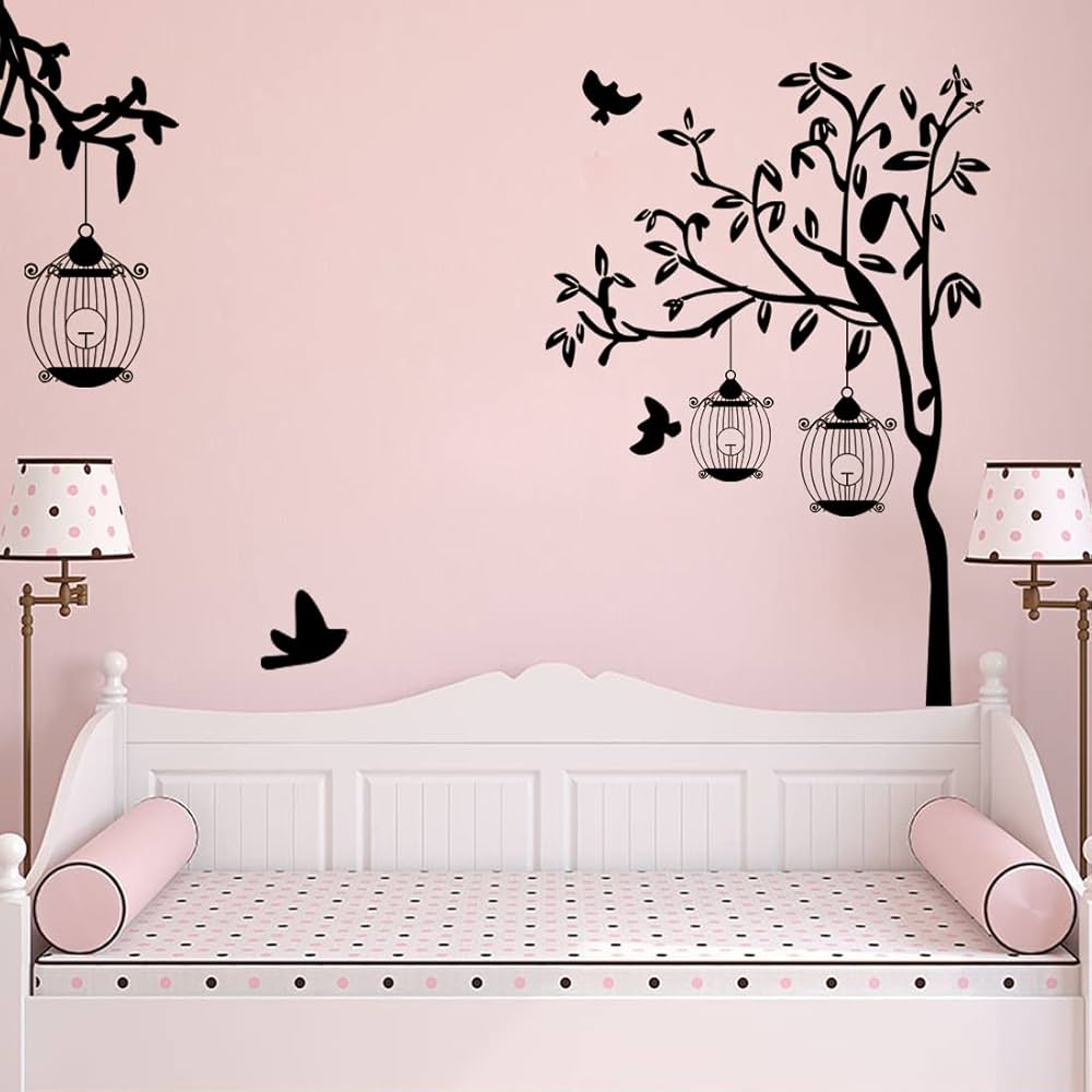 Rangoli New Modern Art & Trendy Wall Self-Adhesive Stickers Birds Cage With Tree Size-50Cm*70Cm, Vinyl