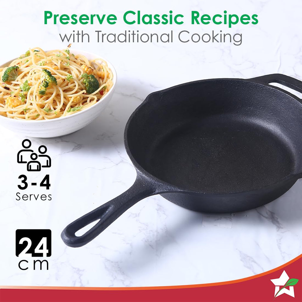 Wonderchef Forza Cast-iron Fry Pan | Pre-seasoned Cookware | Induction Friendly | 24cm