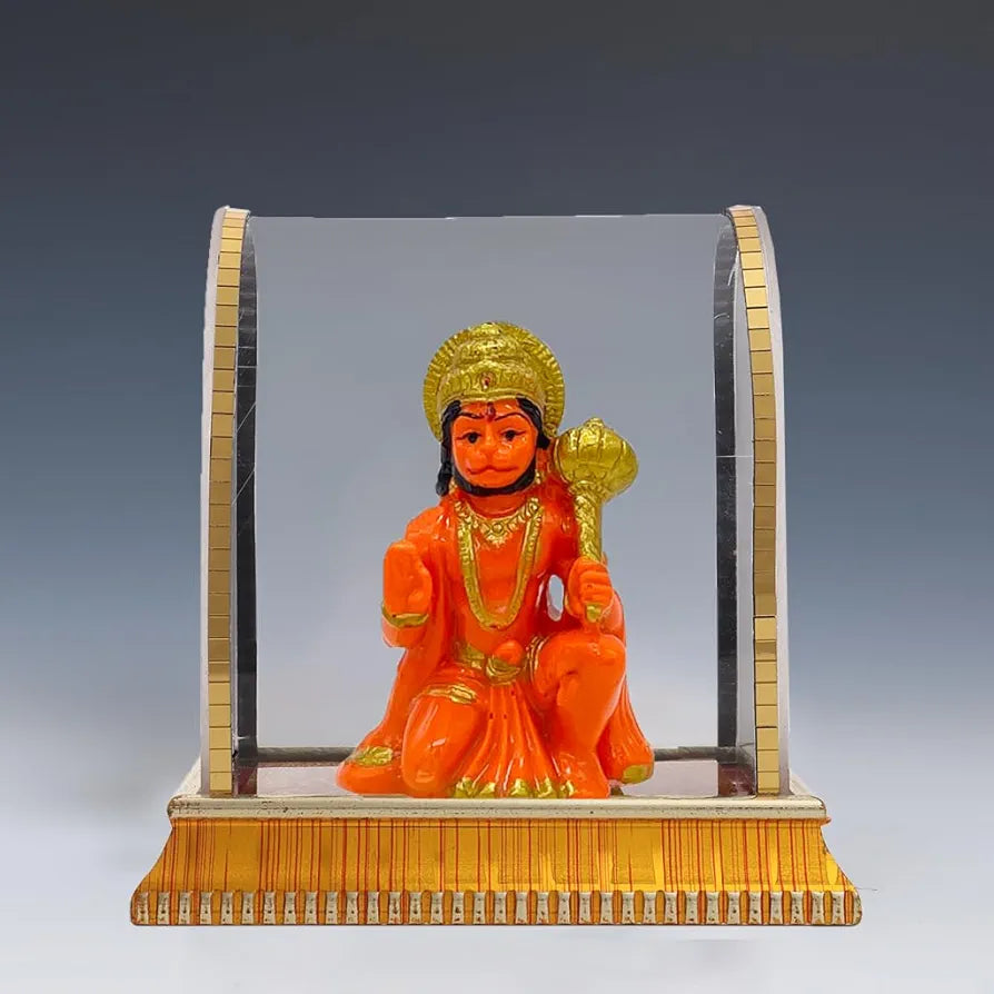 Golden and Orange Hanuman Ji Idol in Glass Box for Car Dashboard