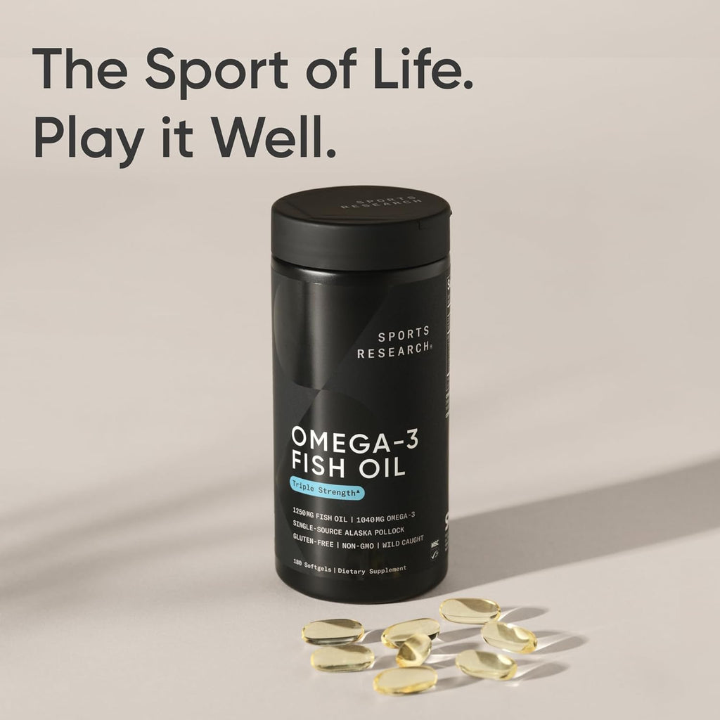 Sports ResearchÂ® Omega-3 Fish Oil 1250 - Triple Strength Fish Oil Supplement from Wild Alaska Pollock - MSC Certified Sustainable Â· Non-GMO Â· Soy Free - 180 Softgel Capsules