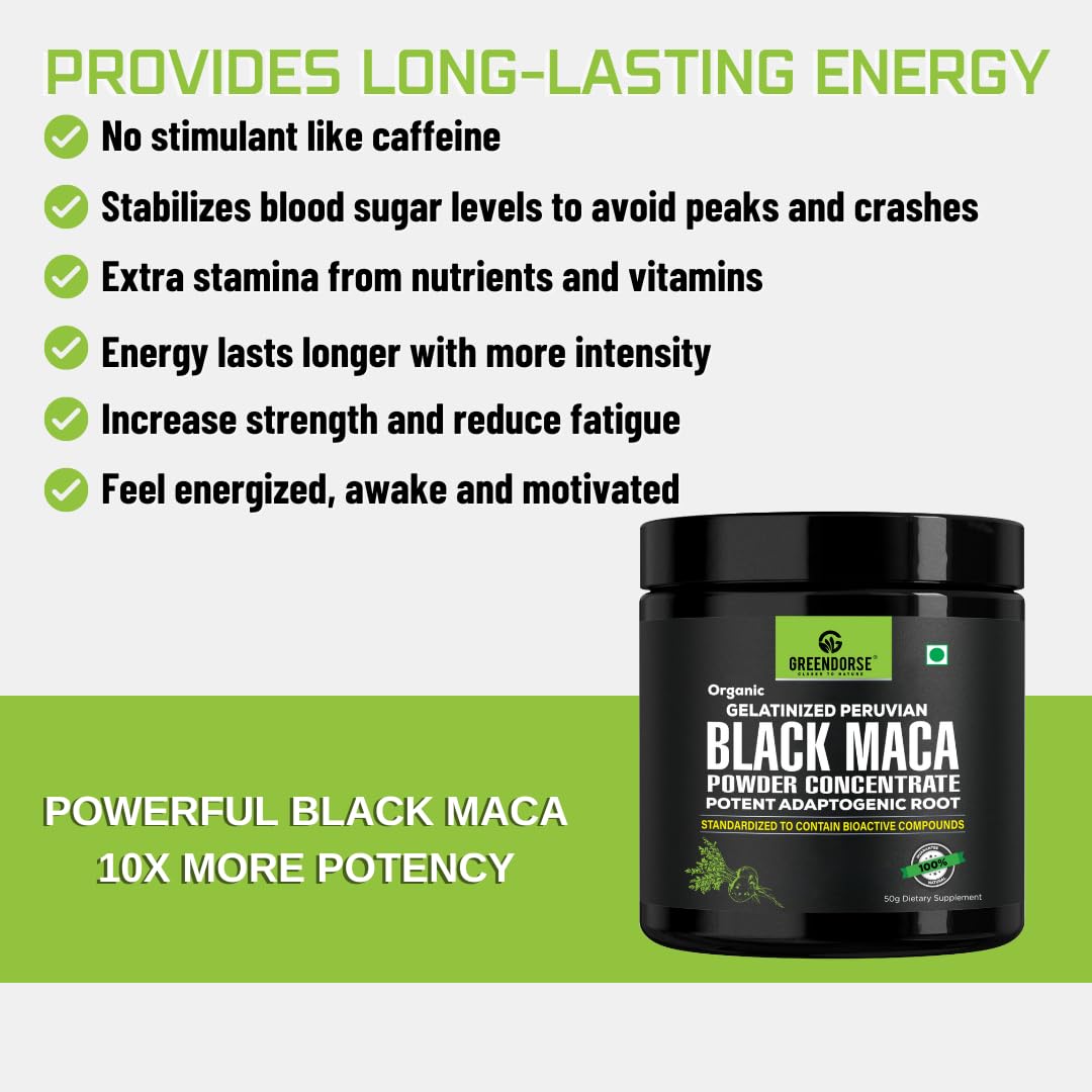 GREENDORSE Peruvian Black Maca Root Powder Concentrate | Rich in Macamide & Macaenes, 3rd Party Lab Tested | Stamina & Reproductive Health Support, Performance,Vitality- High Potency-50g