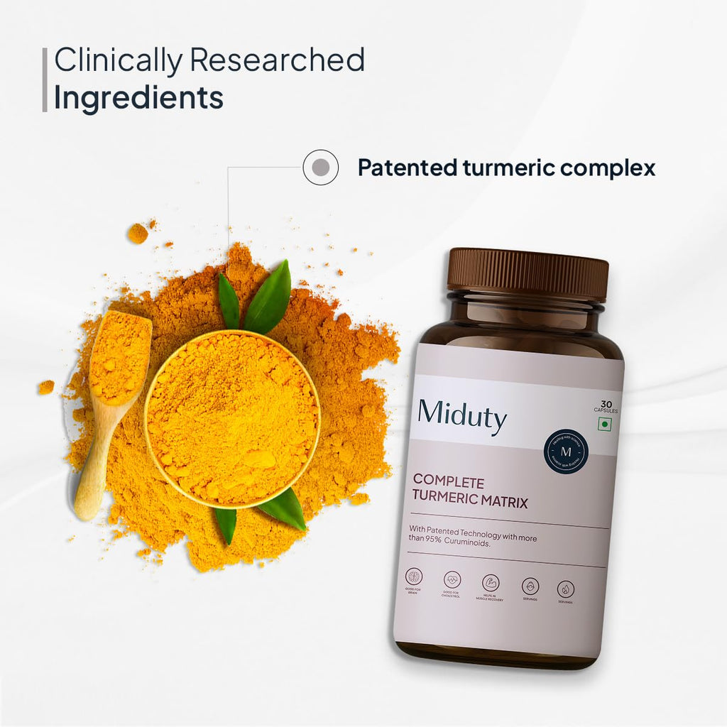 Miduty by Palak Notes Complete Turmeric Matrix Curcumin Capsules For Relieving Muscle Pain - Lower Cholesterol - Anti-inflammatory - Increase memory power - Skin Health - 30 Capsules