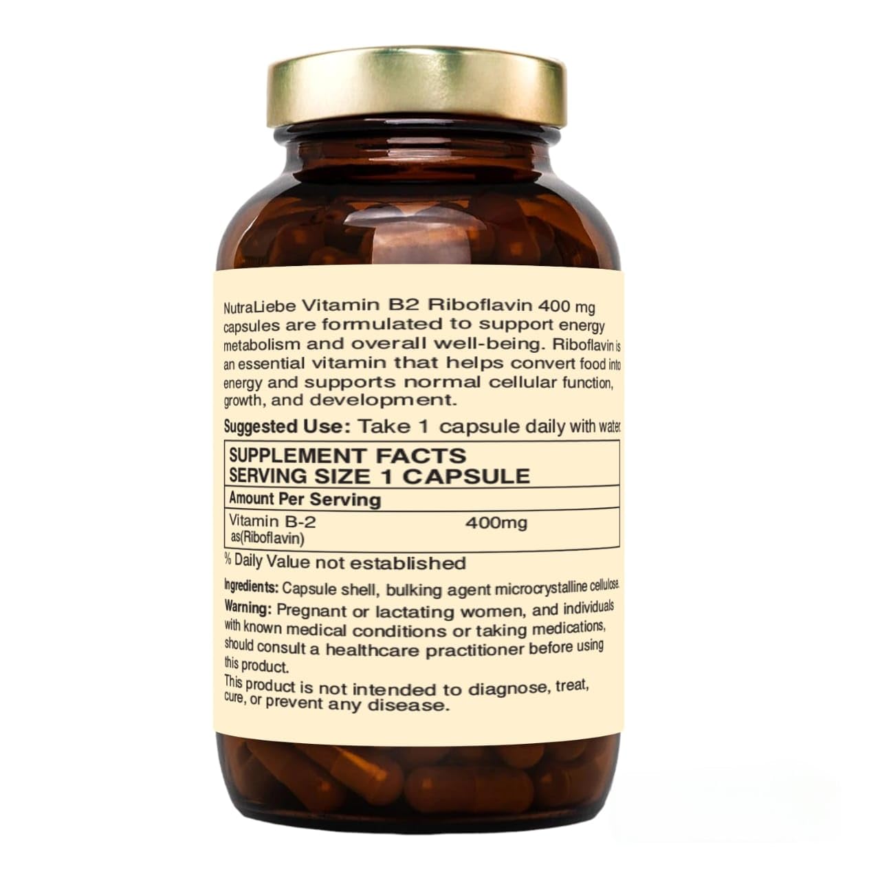 Nutraliebe Vitamin B2 Riboflavin - High Potency, Supports Energy Metabolism & Cellular Health, 90 Capsules