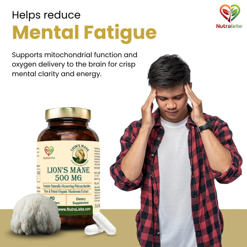 Nutraliebe Lion’s Mane Mushroom Extract 500 mg – Hericium erinaceus Standardized to Beta (1,3)(1,6)-Glucans | Brain Health, Memory & Focus Support | Nerve Growth Factor (NGF) Booster | 90 Vegetarian Capsules | Non-GMO, Gluten-Free
