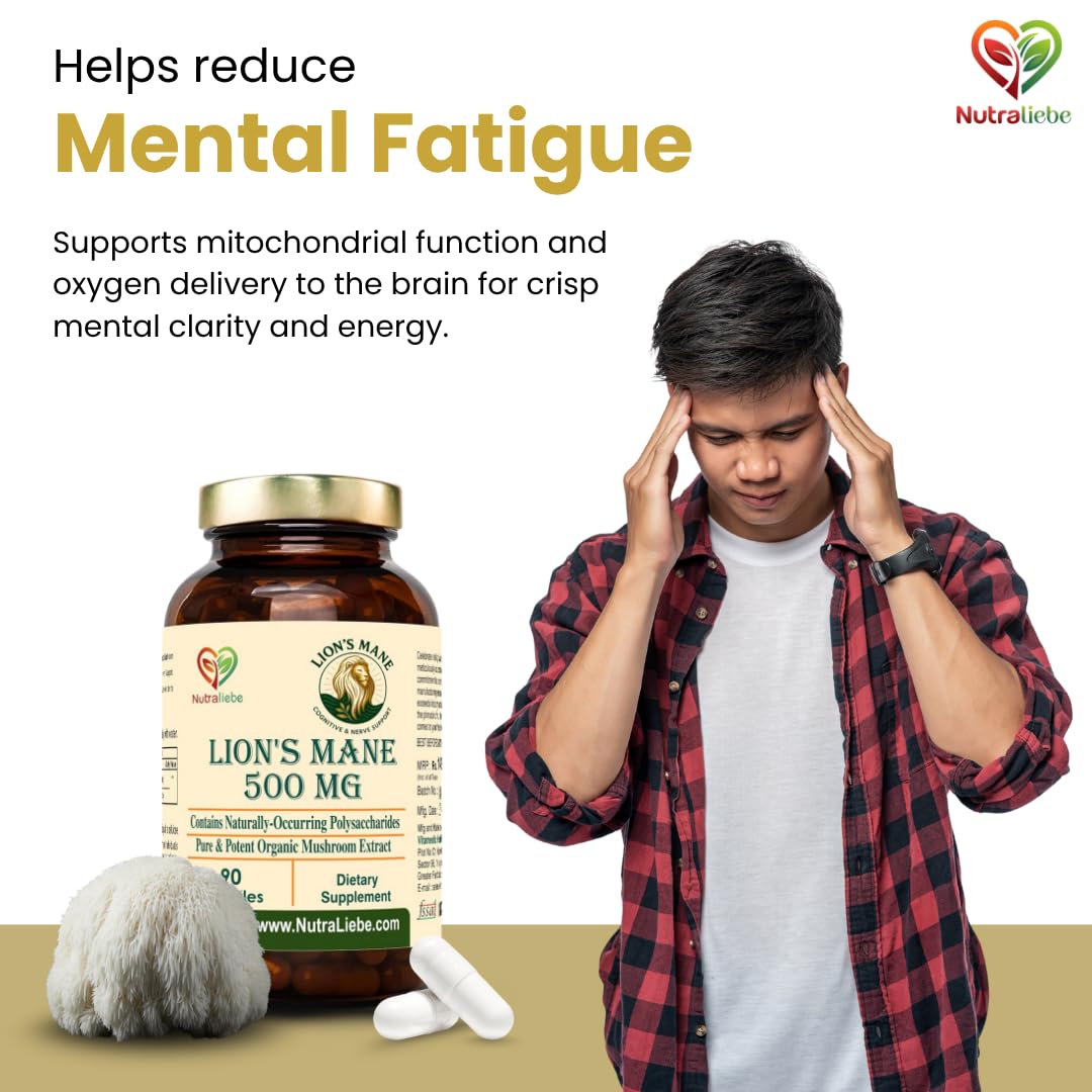 Nutraliebe Lion’s Mane Mushroom Extract 500 mg – Hericium erinaceus Standardized to Beta (1,3)(1,6)-Glucans | Brain Health, Memory & Focus Support | Nerve Growth Factor (NGF) Booster | 90 Vegetarian Capsules | Non-GMO, Gluten-Free