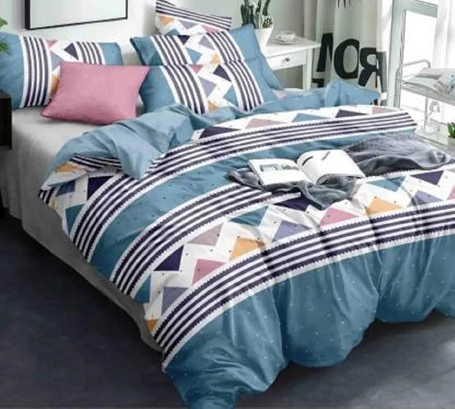 The Home Style 300 TC Cotton Feel Glace Cotton Printed King Size Double Bed Bedsheet with 2 Pillow Covers White Blue