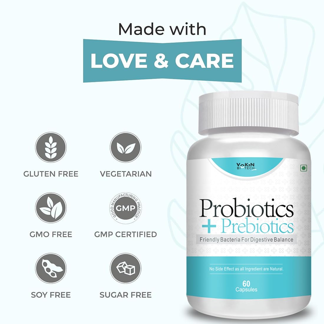 Vokin Biotech Probiotics+ Prebiotics Supplement 50 Billion Cfu For Women & Men With Prebiotics 150 mg | Probiotic Capsules For Digestion Support, Gut Health And Immunity â€“ 60 Veg Capsules