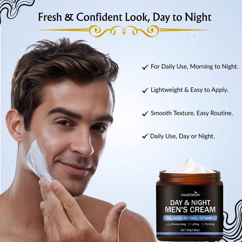 Smartdrops Men Day Night Face Cream Skin Care Moisturizing Cream with Collagen Retinol Vitamin E, Skin Brightening & Anti Aging Cream for Men, Day & Night Face Cream for Daily Use - 50 g (Pack 1)