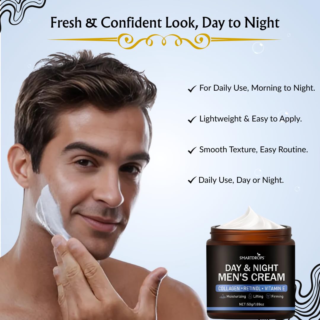Smartdrops Men Day Night Face Cream Skin Care Moisturizing Cream with Collagen Retinol Vitamin E, Skin Brightening & Anti Aging Cream for Men, Day & Night Face Cream for Daily Use - 50 g (Pack 1)