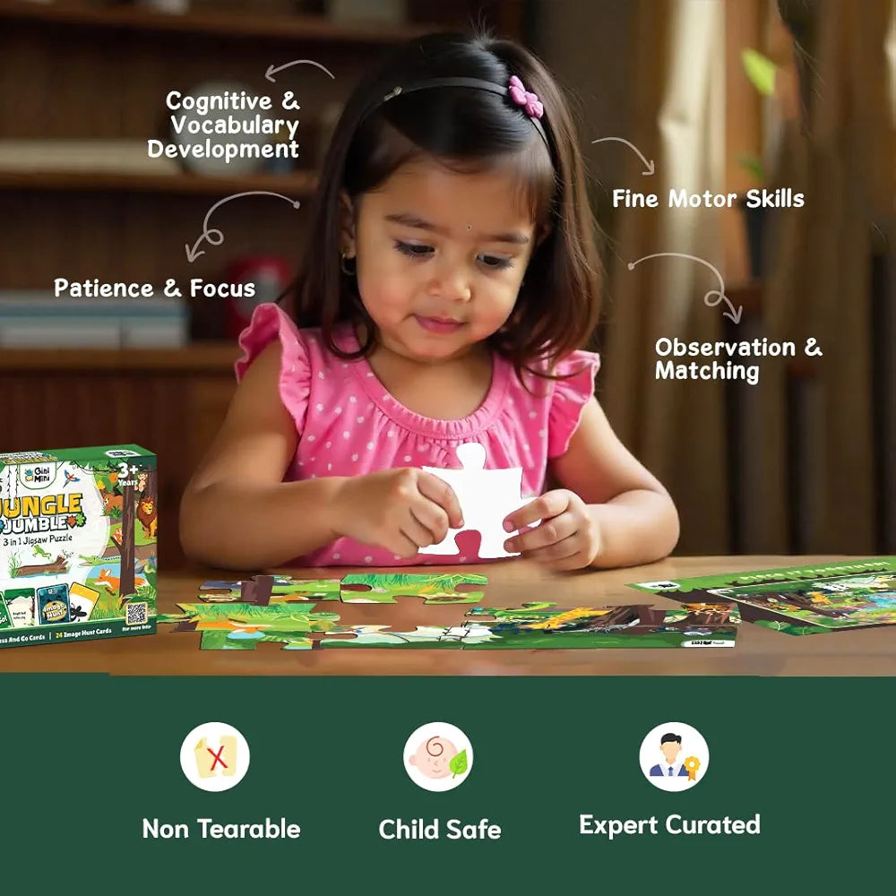 GiniMini Jungle Jumble 3-in-1 Jigsaw Puzzle - 20 Pieces, Image Hunt & Guess & Go Cards - Fine Motor, Cognitive, Vocabulary Skills for Kids 3+ Years