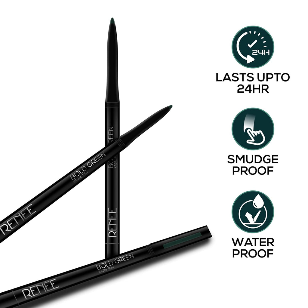 RENEE Kajal Pen with Sharpener - Bold Green 0.35gm 24 Hrs Stay Long Lasting Kohl Pencil, Matte Finish, Rich Color Payoff, Smudge & Water Proof with One Swipe Application Formula