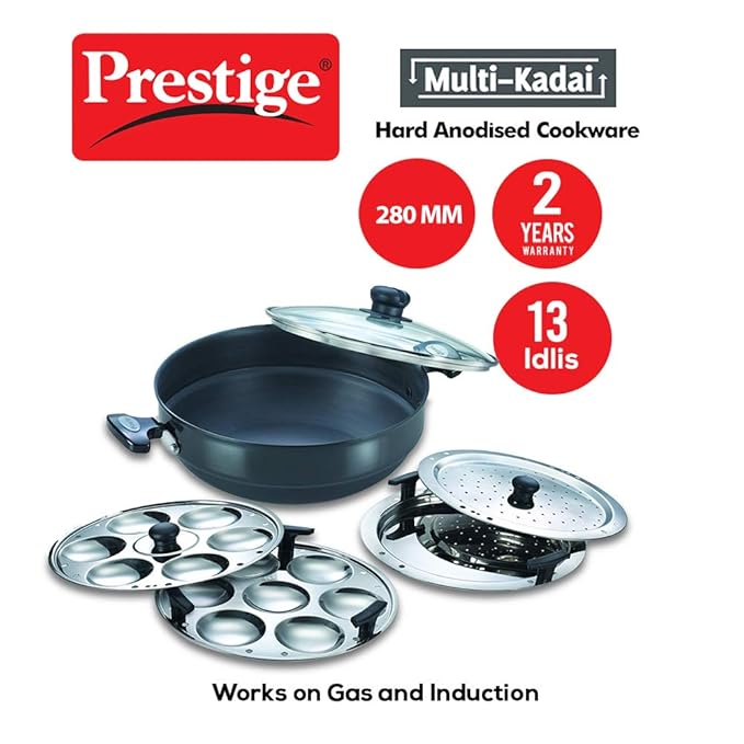 Prestige Hard Anodised Multi Kadhai 28 cm Black Induction Base Multi Idli Stand