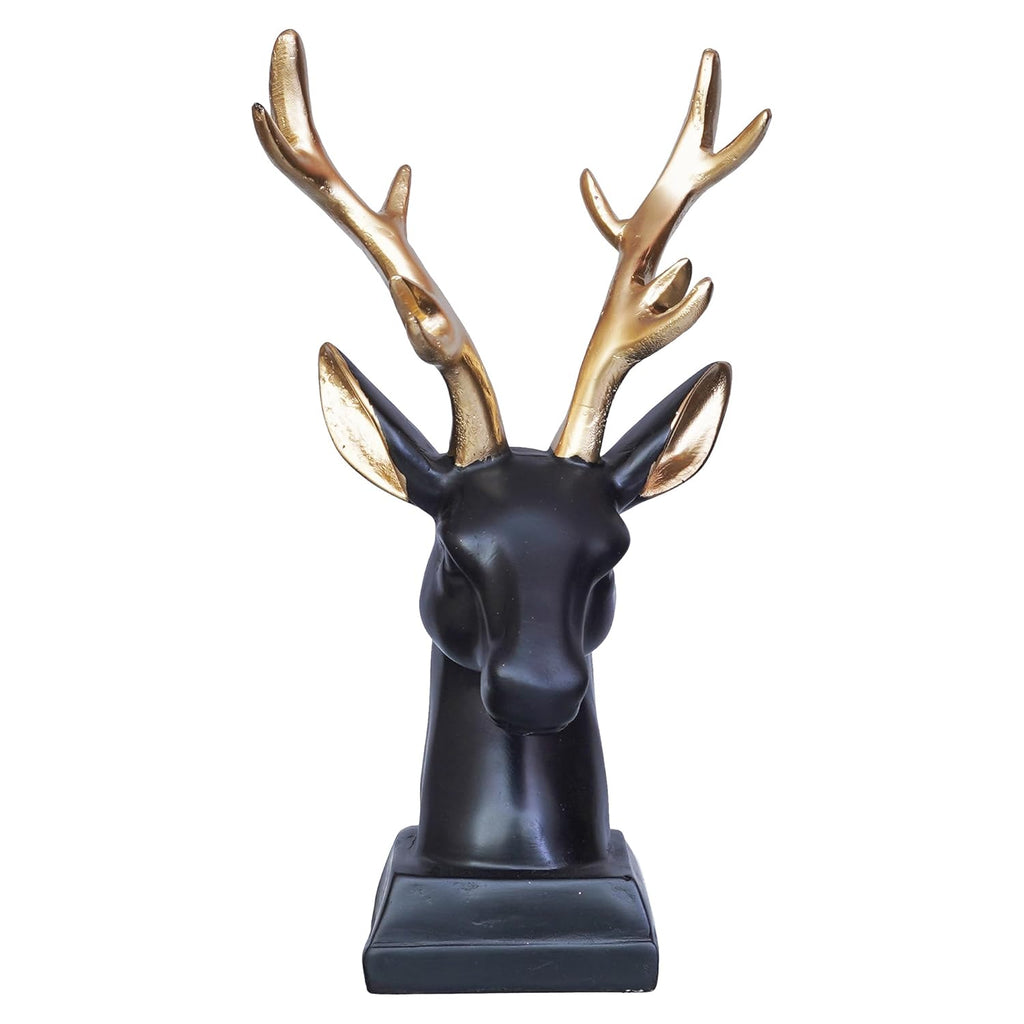 Ecraftindia Black Polyresin Reindeer Head Statue With Golden Antlers Animal Showpiece
