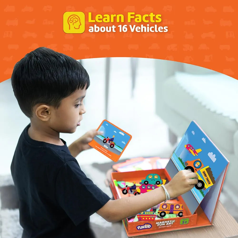 Funtad Magnetic Fun Art Puzzle Vehicles 4-in-1 Travel Friendly Educational Toy with Writable Board 50 Magnetic Pieces with for Boys & Girls Age 3,4,5 & 6 yrs