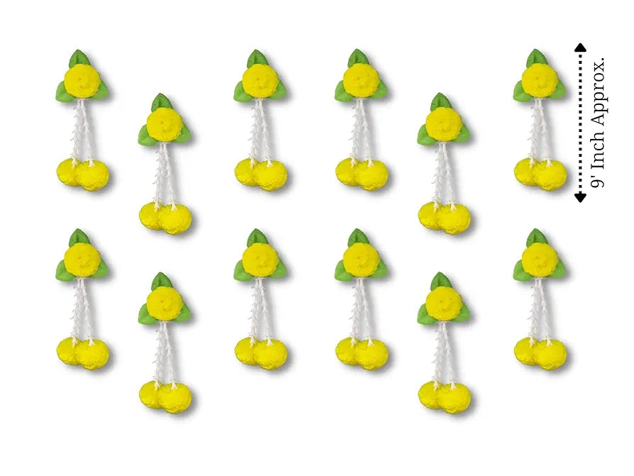 Plastic Artificial Flowers And Leaves Decoration Pack of 12 - Yellow & Green