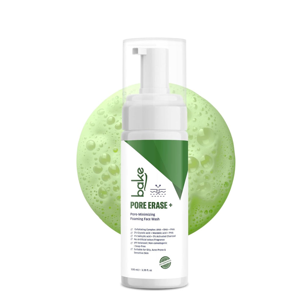 BAKE Pore Erase Foaming Face Wash with 2% Glycolic Acid, 1% Salicylic Acid & Mandelic Acid | Unclogs Pores, Reduces Blackheads & Whiteheads, Controls Sebum | For Oily, Acne Prone & Combination Skin â€“ 100ml