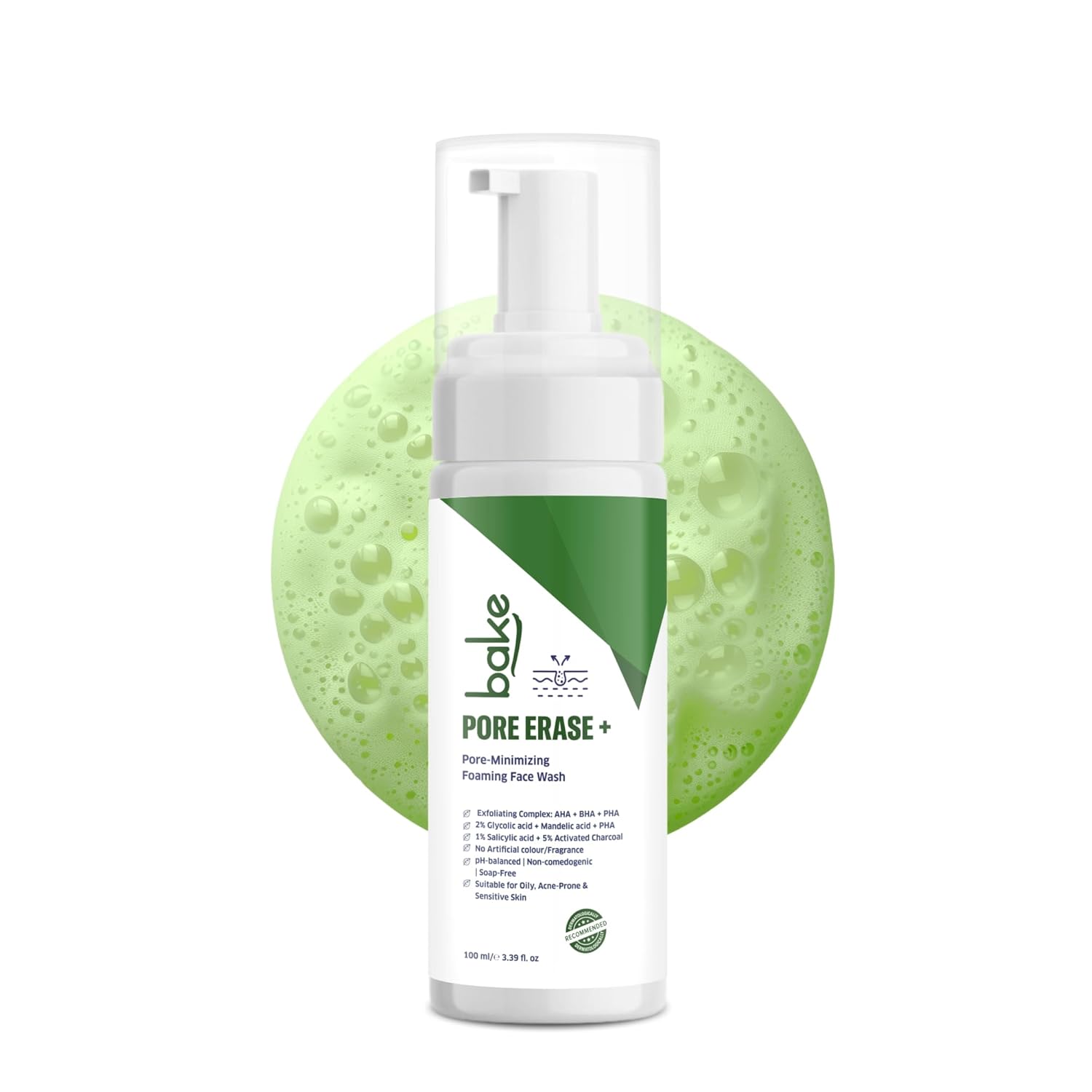 BAKE Pore Erase Foaming Face Wash with 2% Glycolic Acid, 1% Salicylic Acid & Mandelic Acid | Unclogs Pores, Reduces Blackheads & Whiteheads, Controls Sebum | For Oily, Acne Prone & Combination Skin â€“ 100ml
