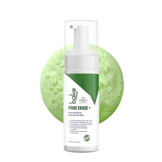 BAKE Pore Erase Foaming Face Wash with 2% Glycolic Acid, 1% Salicylic Acid & Mandelic Acid | Unclogs Pores, Reduces Blackheads & Whiteheads, Controls Sebum | For Oily, Acne Prone & Combination Skin â€“ 100ml