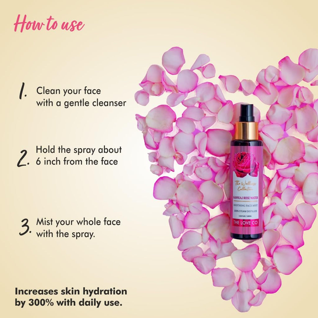 THE LOVE CO. Rose Water 100ml - Steam Distilled for Skin,100% Pure and Natural Face, and Hair - Authentic Kannauj Gulab Jal - Soothing Skin Toner Spray - Paraben, Alcohol, and Chemical-Free