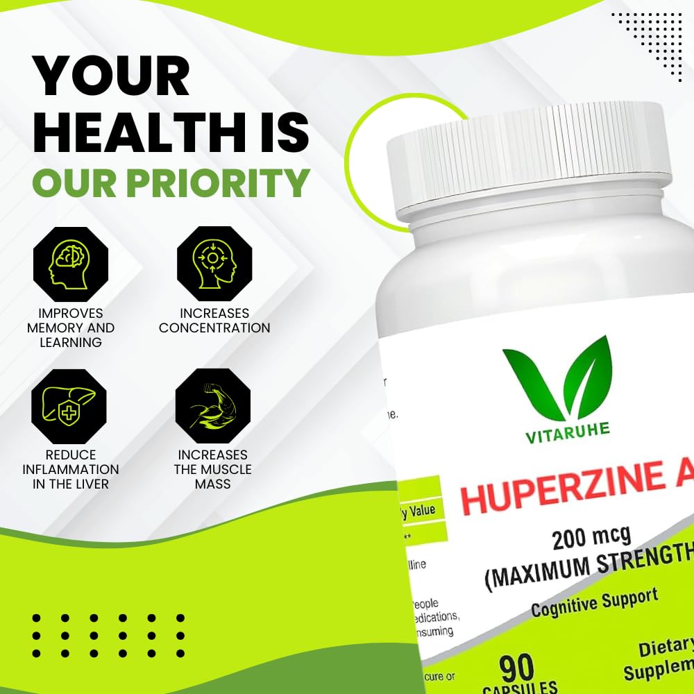 VITARUHEÂ® Huperzine A 200mcg Per Serving, 90 Capsules, (Huperzine A Supplement), Supports Focus, Cognition, Memory and Learning Ability, Premium Brain Health Supplement, No GMOs