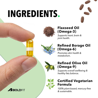 Boldfit Omega 3, 6 & 9 From Flaxseed, Borage & Olive Oil, Vegetarian Supplement For Heart, Skin, Joint & Muscles Support - Epa & Dha Rich Capsules For Men & Women - 60 Count