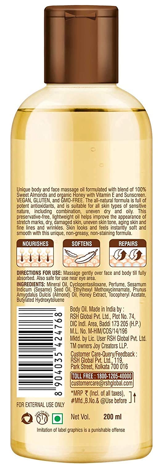 Joy Honey & Almonds Body Oil â€“ After-Bath Daily-Use Badam Massage Oil with Vitamin E & Sunscreen | Full-Body Relaxation, Dry-Skin & Winter Moisture | 200 ml