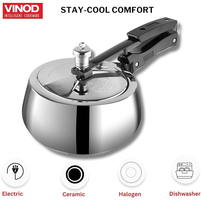 Vinod Europa Stainless Steel Inner Lid Pressure Cooker - 2 Litre | Handi Shape | Sandwich Bottom Cooker