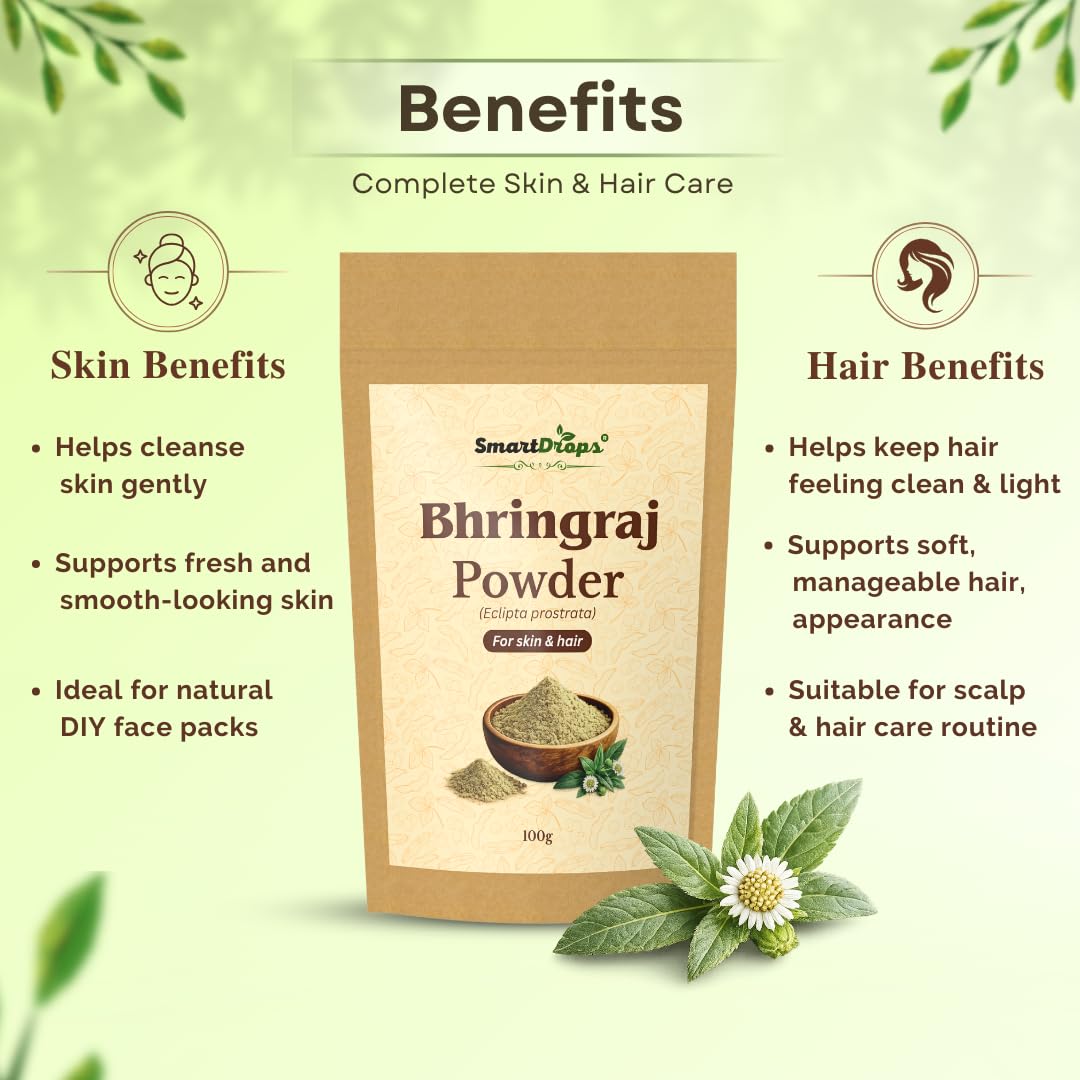 Smartdrops Bhringraj Fine Powder for Hair Rinse Preparation and Skin Pack Mixing DIY Scalp Care and Facial Routine Ingredient | 100g (Pack-1)