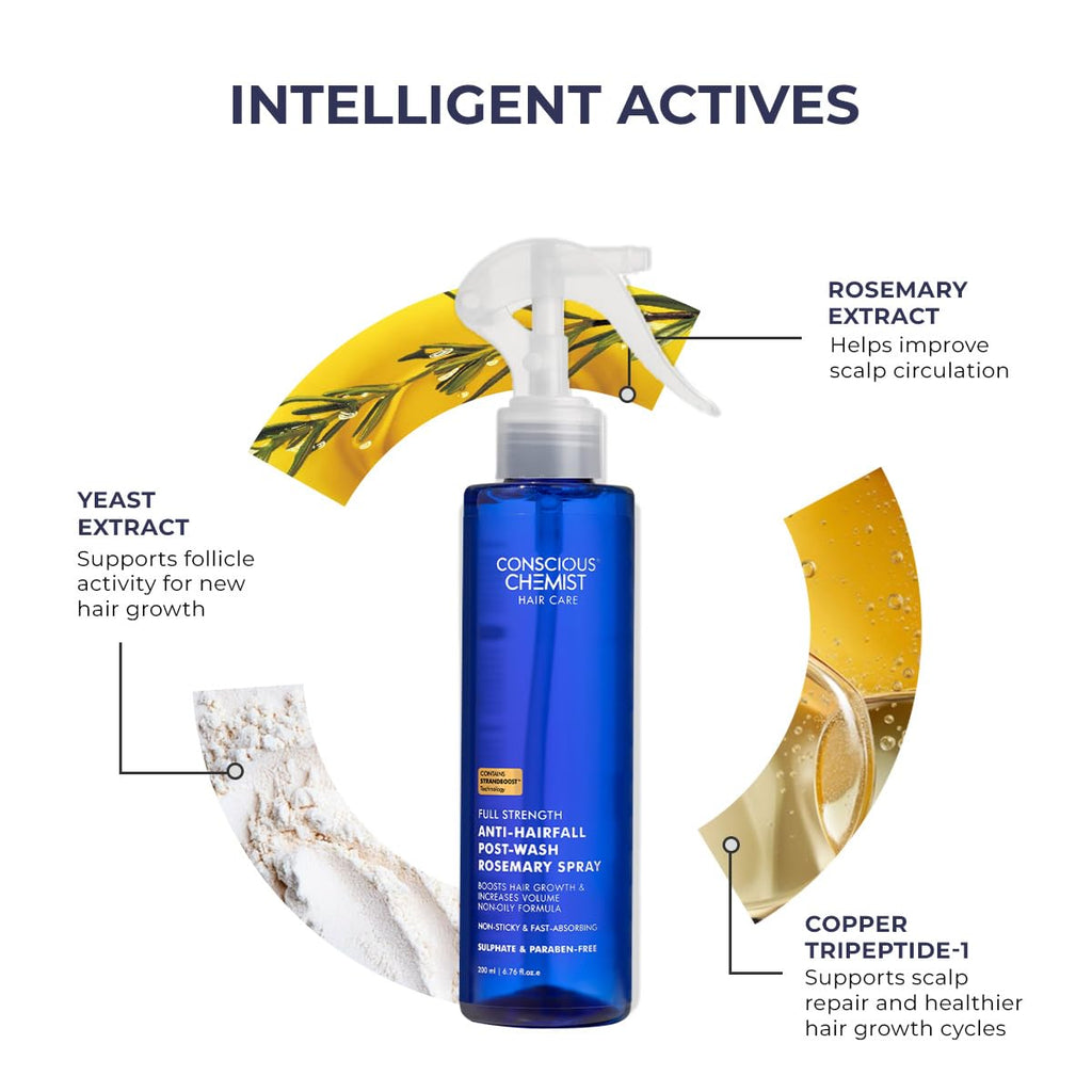 Conscious ChemistÂ® Rosemary Water Spray for Hair Growth | Anti Hair Fall Scalp Spray with Tripeptide-1 & Redensyl | Boosts New Growth & Strengthens Roots | Lightweight Non-Greasy Hair Mist | For All Hair Types | Women & Men | 200ml