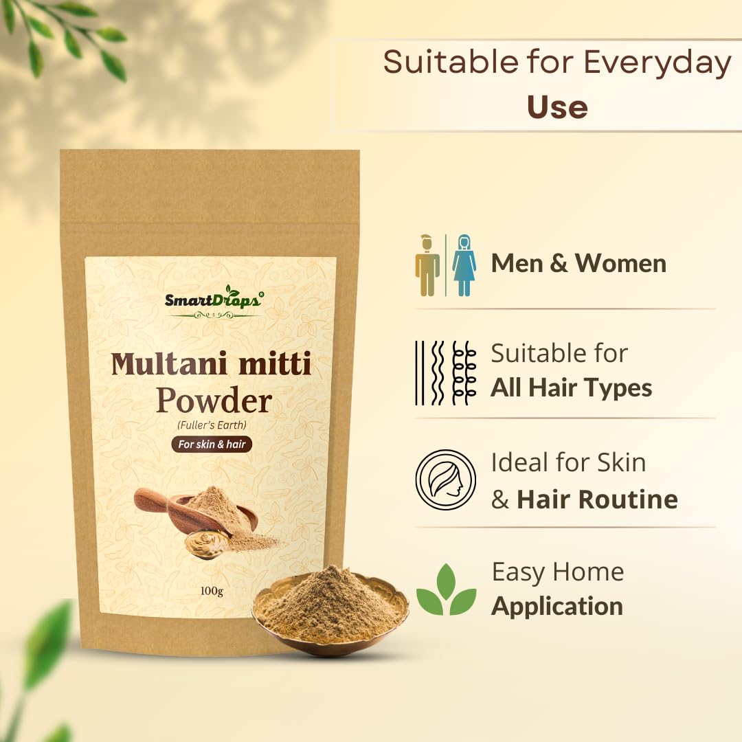 Smartdrops Multani Mitti Powder for Hair and Skin Care Fullers Earth Face Pack Hair Pack and DIY Beauty Routine Powder | 100g (Pack-1)
