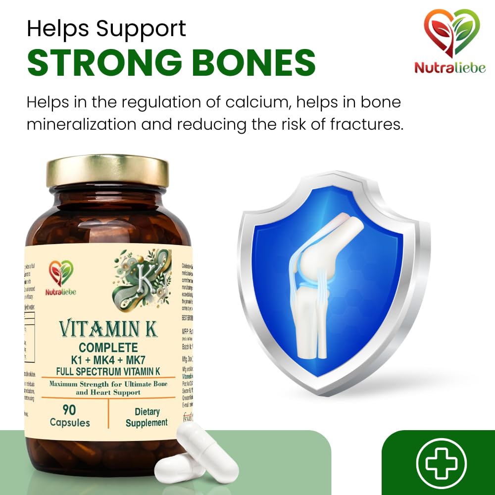 Nutraliebe Vitamin K Complex - High Potency, Includes Vitamin K1 (Phytomenadione) & Vitamin K2 (MK-4, MK-7), Non-GMO, 90 Capsules