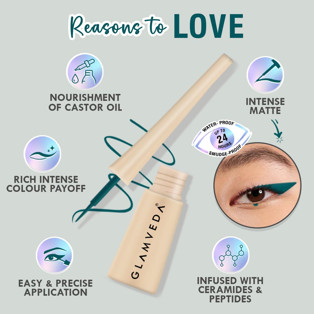 Glamveda Liquid Eye Liner, Teal Green, Long Lasting Matte Waterproof Liner - Smudge Proof, Transfer Proof Eye Makeup, Bold, Clean, Smudge-Free Look 24-Hour Long Stay 4.5 ml