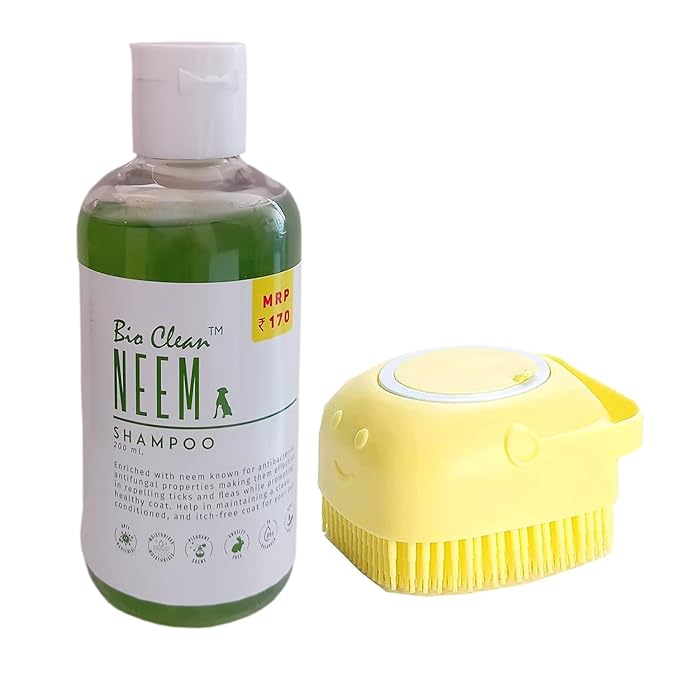 Pet Needs Bio Clean Neem Dog Shampoo With Soft Silicone Shampoo Dispenser Brush | Moisturising and Gentle on Skin | 200 Ml