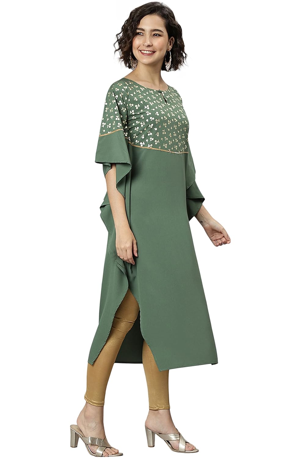 Janasya Women's Green Poly Crepe Printed Kaftan