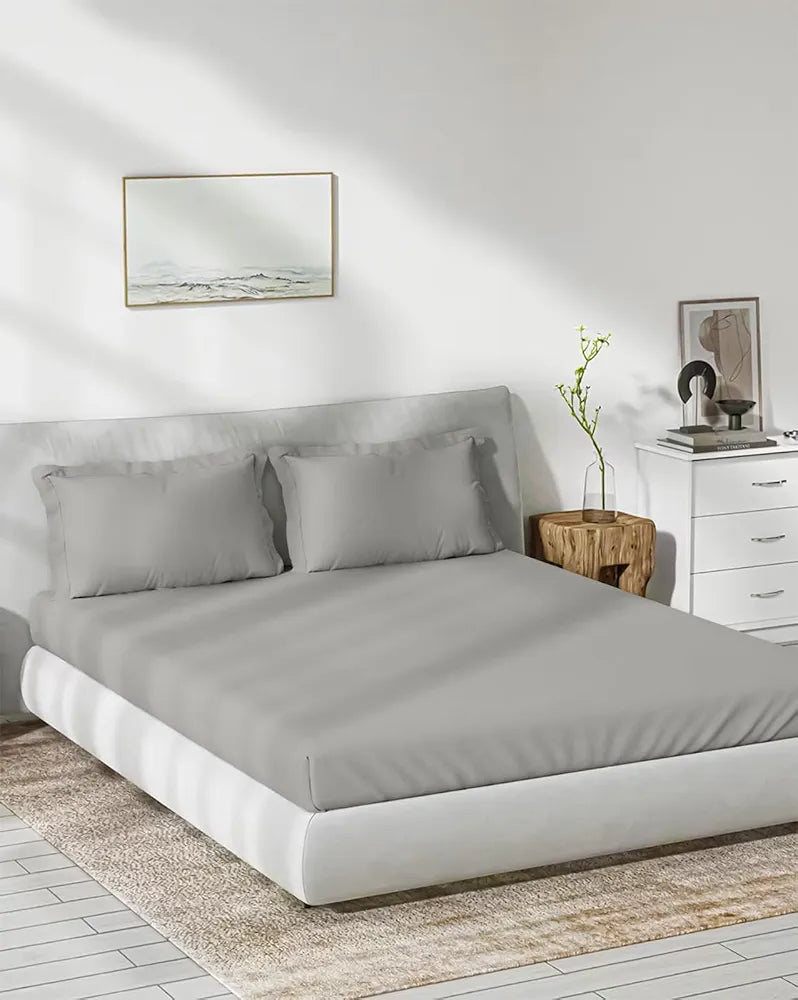 Trance Home Linen 300 TC Bamboo Fitted Queen Size Bedsheet Soft Breathable & Eco-Friendly Bedsheet with 2 Pillow Cover  Colour Silver Grey