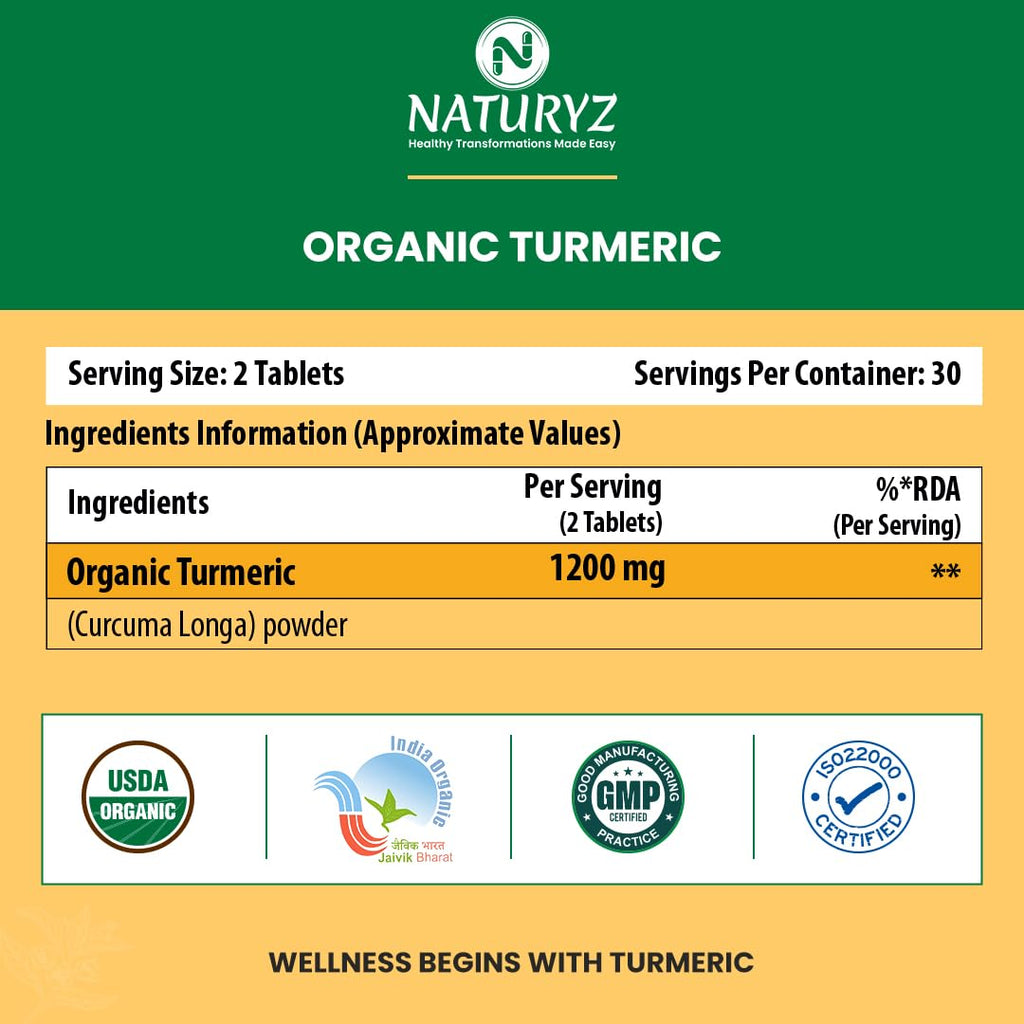 NATURYZ Organic Turmeric Highest Strength 1200mg tablets | Supports Joint, Skin Health, Immune Function | Anti inflammatory Supplement for Adults | Non-GMO, Vegan, Gluten-Free | USDA Organic Certified | Pesticides & Chemical Free - 60 Veg Tablets