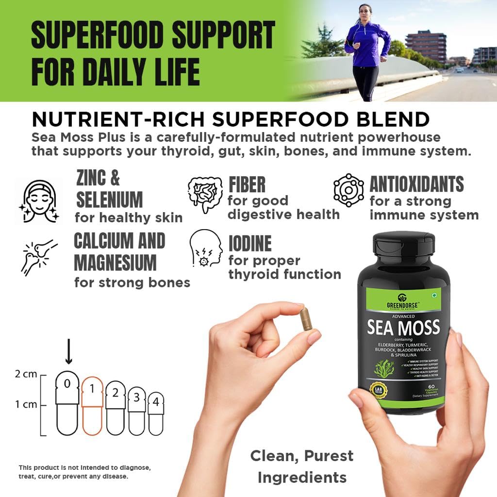 GREENDORSE Irish Sea Moss Vitality Capsules 7 In1 Formula-Gut Cleanse,Immunity,Joint & Thyroid Support-With Spirulina,Turmeric,Bladderwrack,Burdock|Superfood High In 90+ Minerals-60 Veg Capsules