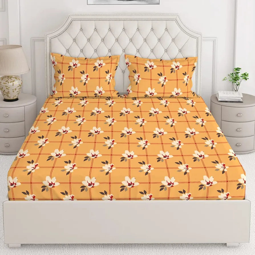 Layers Classic Cotton Bedsheet Set for All Seasons Lightweight 104 TC Queen Size Yellow, Floral Pattern