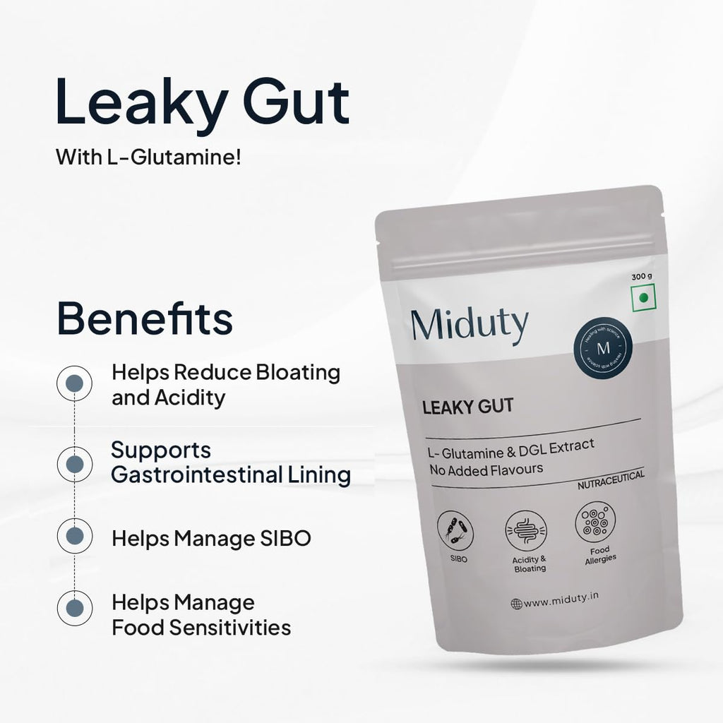 Miduty by Palak Notes Leaky Gut Powder - Supports Gastrointestinal lining, Leaky Gut - Helps In Constipation And Heartburn - Advanced Formula with L Glutamine and Aloe Vera Extract - 300 Grams