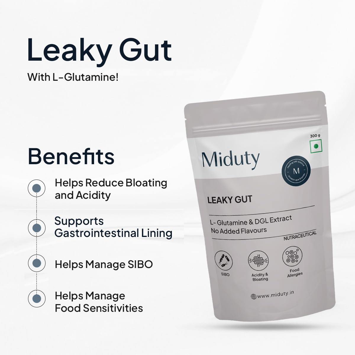 Miduty by Palak Notes Leaky Gut Powder - Supports Gastrointestinal lining, Leaky Gut - Helps In Constipation And Heartburn - Advanced Formula with L Glutamine and Aloe Vera Extract - 300 Grams